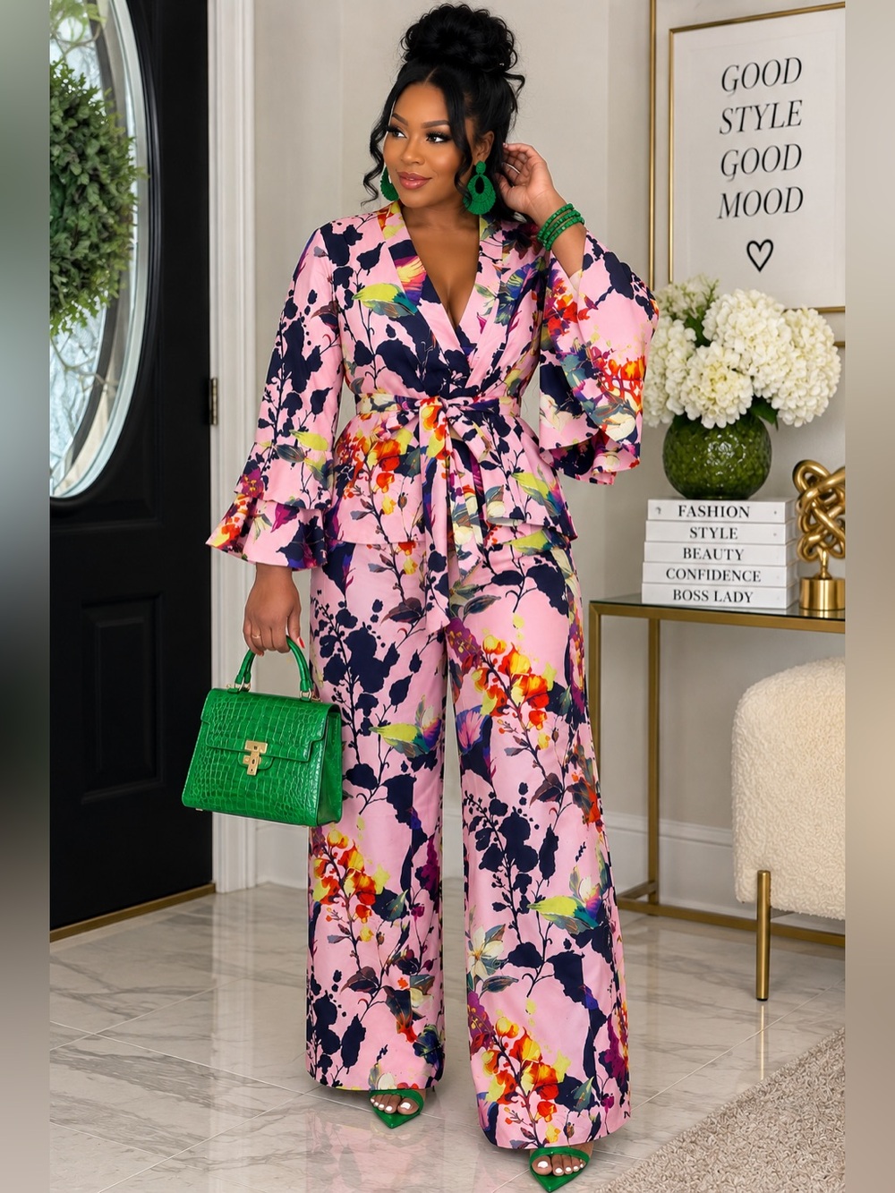 Floral Tie-Waist Wide-Leg Pant Suit- Pink